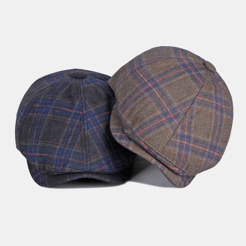 Mænd Farvet Plaid Buet Ottekantet Huer Britisk Retro Efterår Varm Justerbar Fremad Huer Newsboy Hat