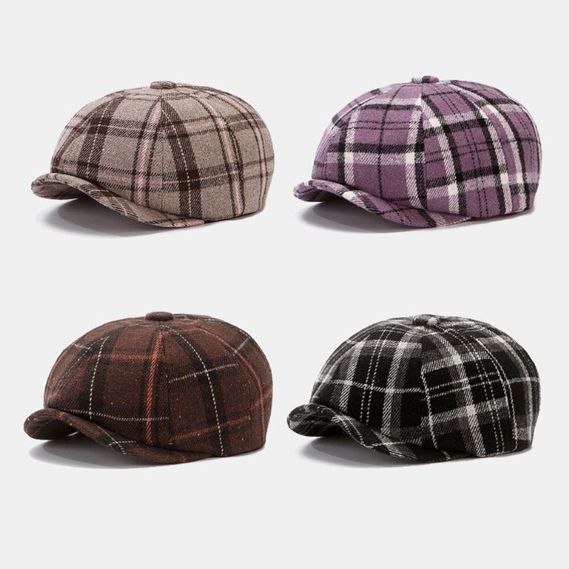 Mænd Newsboy Hatte Britisk Retro Farvet Gitter Vindtæt Varm 8 Panel Maler Huer Octagonal Hat