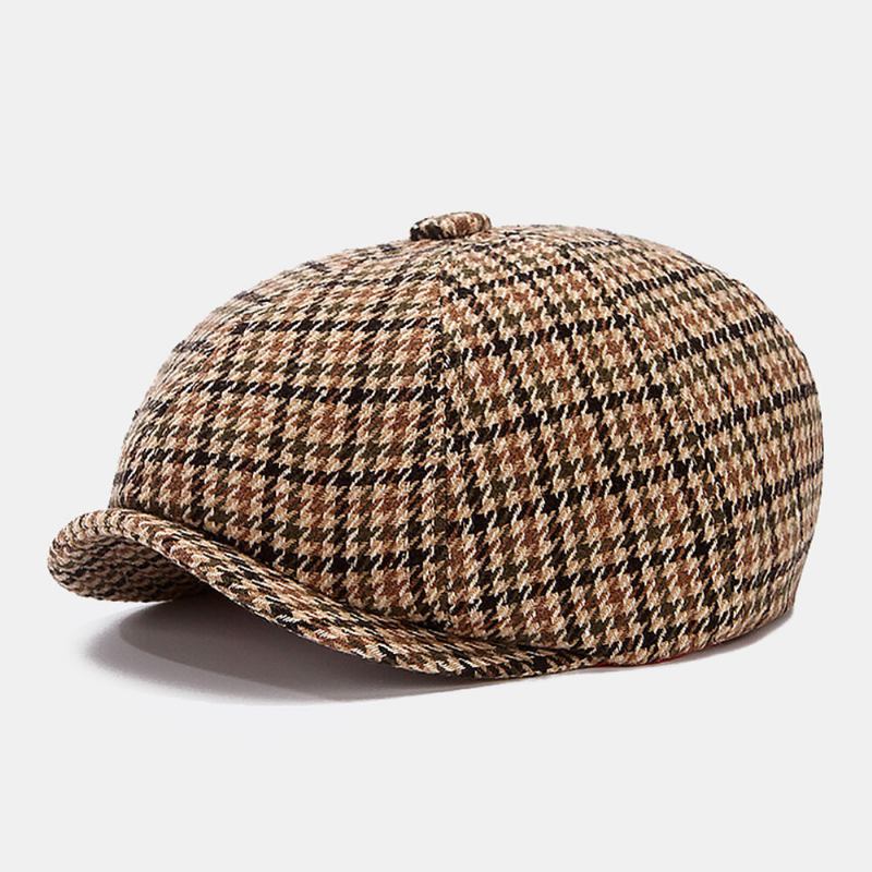 Mænd Newsboy Hatte Britisk Retro Houndstooth Stribet Kuppel Octagonal Huer Cabbie Hat