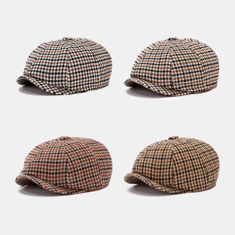 Mænd Newsboy Hatte Britisk Retro Houndstooth Stribet Kuppel Octagonal Huer Cabbie Hat