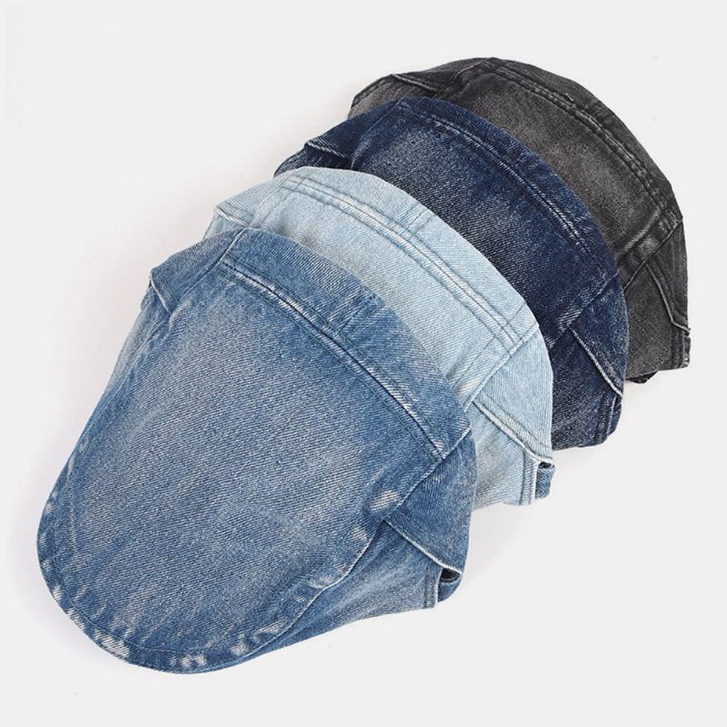 Mænd Newsboy Kasket Vasket Denim Ensfarvede Åndbar Justerbar Udendørs Solskærm Casual Forward Huer Baret Flad Kasket