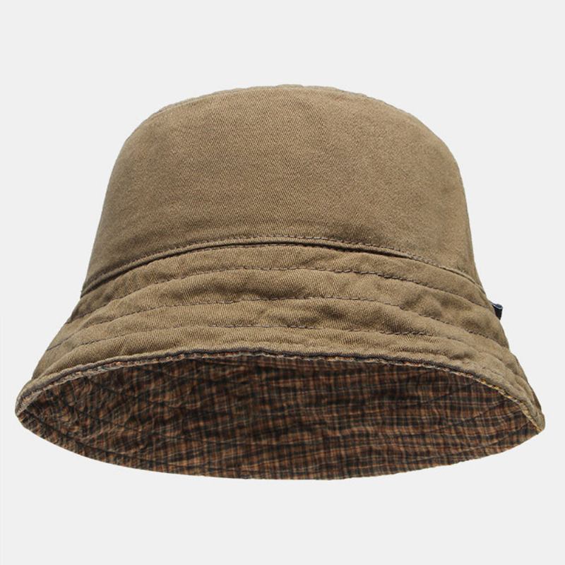 Mænd Plaid Mønster Dobbelt-side-wear Washed Bomuld Bucket Huer Wild Casual Sun Hat