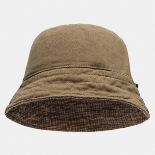 Mænd Plaid Mønster Dobbelt-side-wear Washed Bomuld Bucket Huer Wild Casual Sun Hat