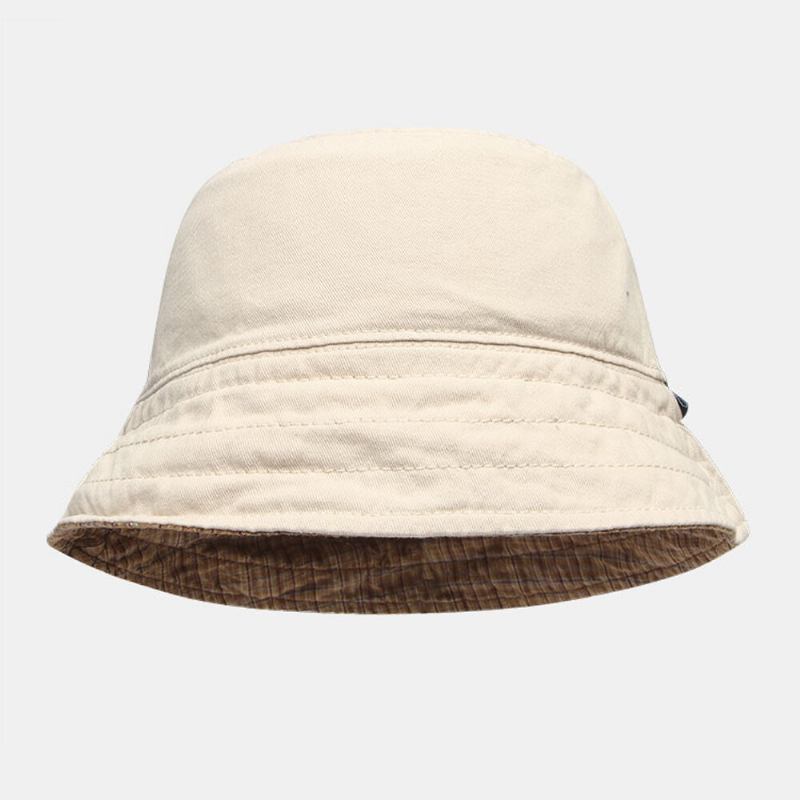 Mænd Plaid Mønster Dobbelt-side-wear Washed Bomuld Bucket Huer Wild Casual Sun Hat