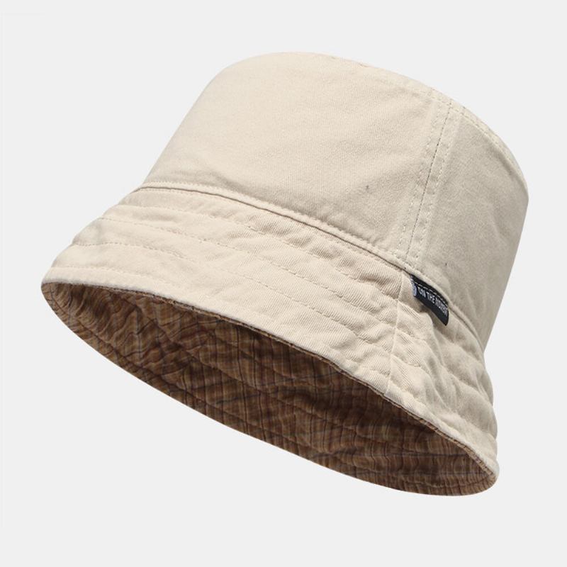 Mænd Plaid Mønster Dobbelt-side-wear Washed Bomuld Bucket Huer Wild Casual Sun Hat