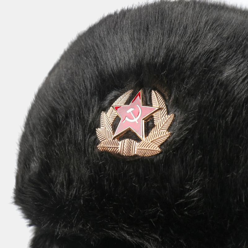 Mænd Plys Metal Badge Varm Vindtæt Ørebeskyttelse Trapper Huer Vinter Udendørs Koldtæt Ushanka Hat