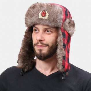 Mænd Plys Plaid Sovjetisk Badge Vindtæt Vandtæt Ushanka Huer Udendørs Sport Thicken Ear Protection Warm Trapper Hat