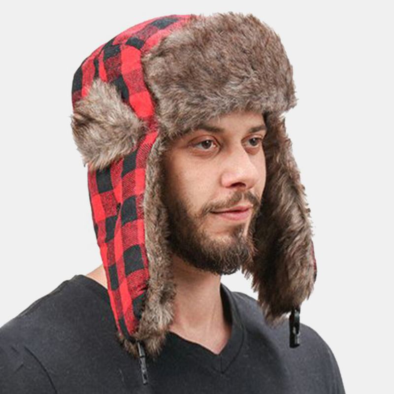 Mænd Plys Plaid Sovjetisk Badge Vindtæt Vandtæt Ushanka Huer Udendørs Sport Thicken Ear Protection Warm Trapper Hat