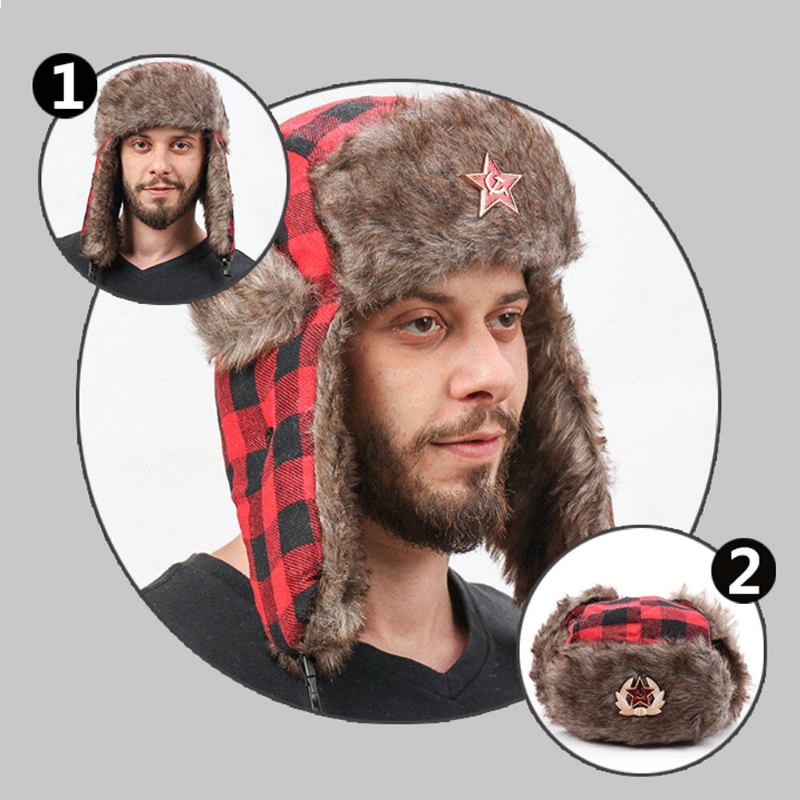 Mænd Plys Plaid Sovjetisk Badge Vindtæt Vandtæt Ushanka Huer Udendørs Sport Thicken Ear Protection Warm Trapper Hat