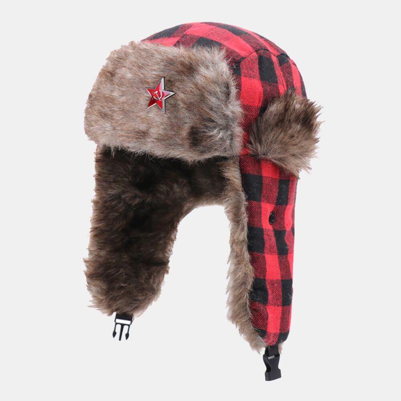 Mænd Plys Plaid Sovjetisk Badge Vindtæt Vandtæt Ushanka Huer Udendørs Sport Thicken Ear Protection Warm Trapper Hat