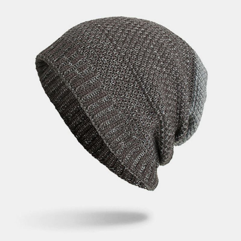 Mænd Polyester Bomuld Efterår Vinter Plus Velvet Varme Dobbelt-brug To-farve Strikket Huer Beanie Hat