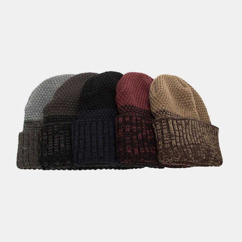 Mænd Polyester Bomuld Efterår Vinter Plus Velvet Varme Dobbelt-brug To-farve Strikket Huer Beanie Hat