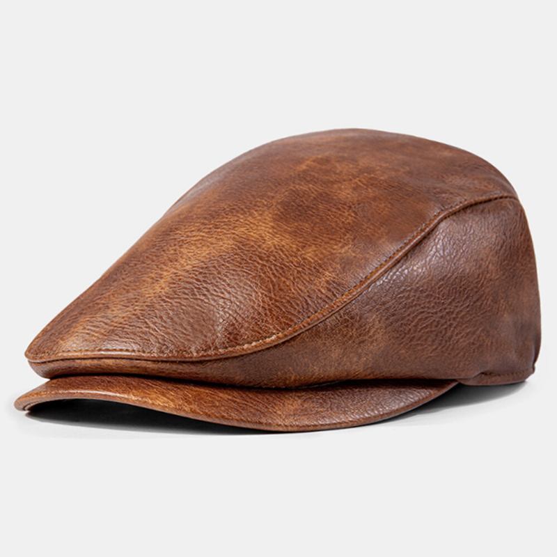 Mænd Pu Læder Ensfarvet Absorbér Sved Åndbar Baret Flad Kasket Casual Warmth Newsboy Huer Forward Hat