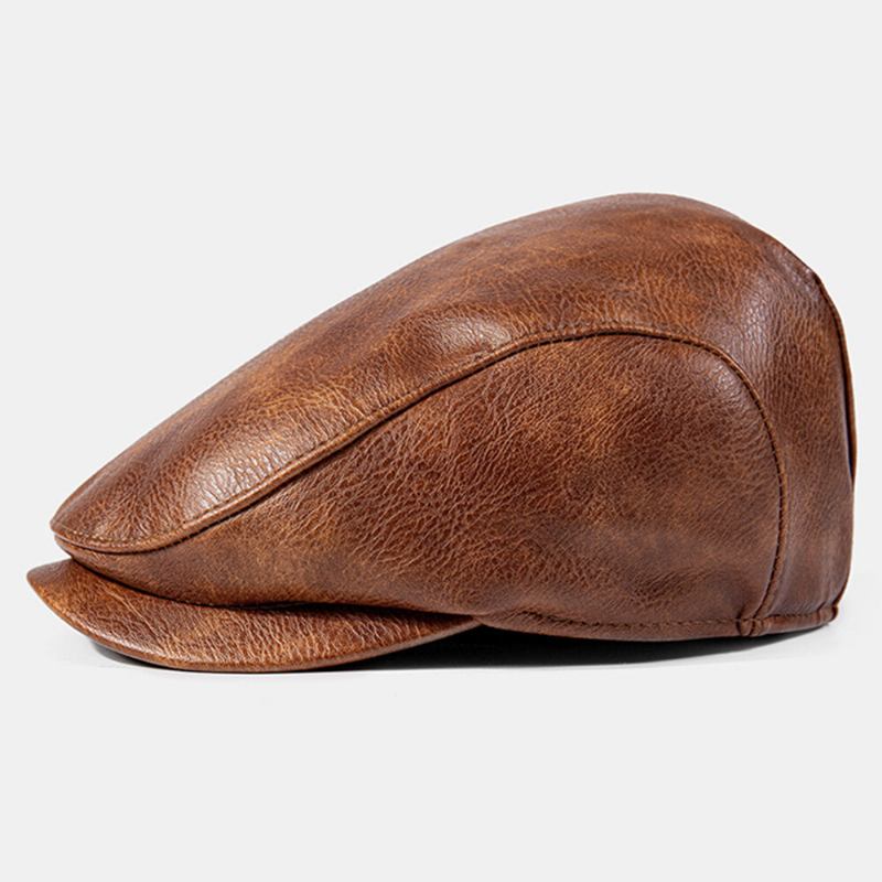 Mænd Pu Læder Ensfarvet Absorbér Sved Åndbar Baret Flad Kasket Casual Warmth Newsboy Huer Forward Hat