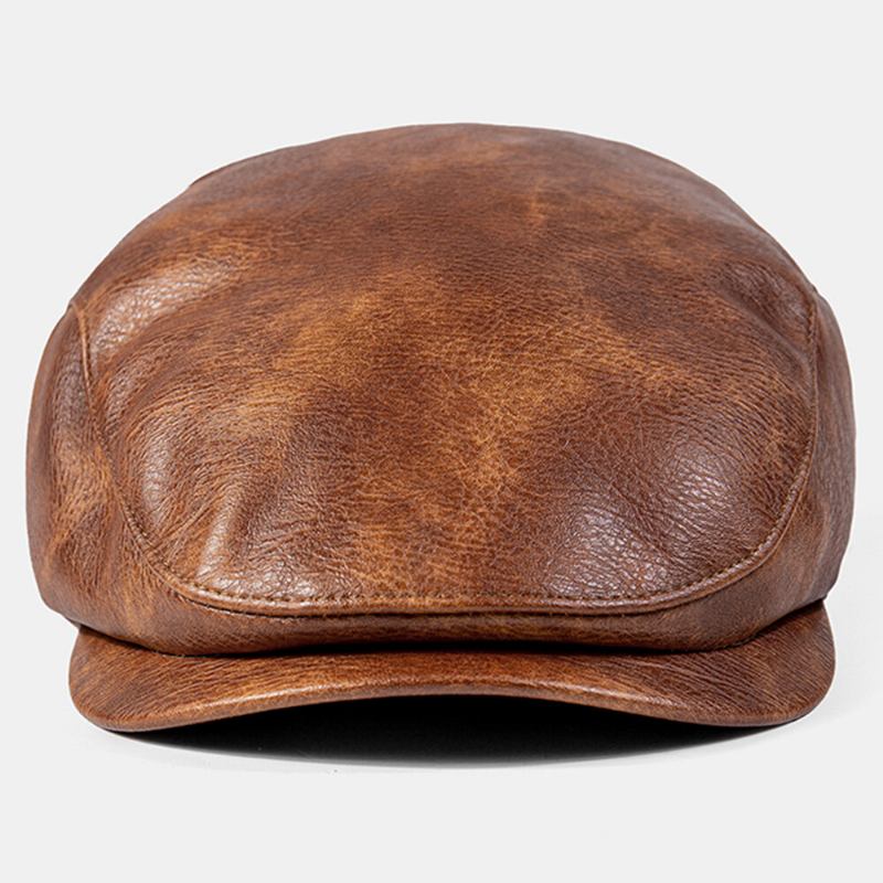 Mænd Pu Læder Ensfarvet Absorbér Sved Åndbar Baret Flad Kasket Casual Warmth Newsboy Huer Forward Hat