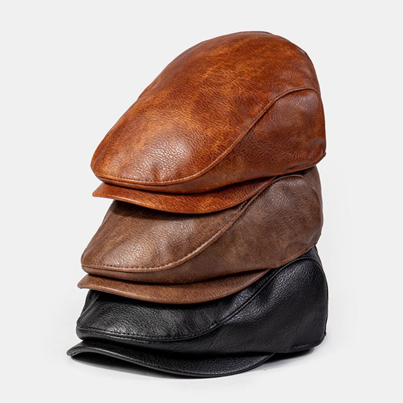 Mænd Pu Læder Ensfarvet Absorbér Sved Åndbar Baret Flad Kasket Casual Warmth Newsboy Huer Forward Hat