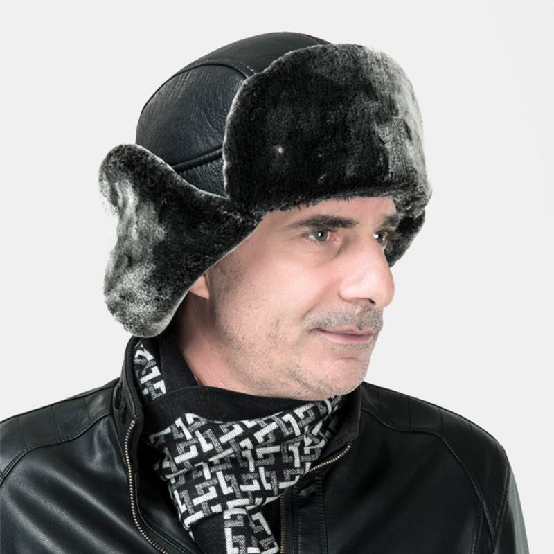 Mænd Pu Læder Vinter Thicken Plus Velvet Warm Trapper Huer Udendørs Vindtæt Cool Beskyttelse Ushanka Hat