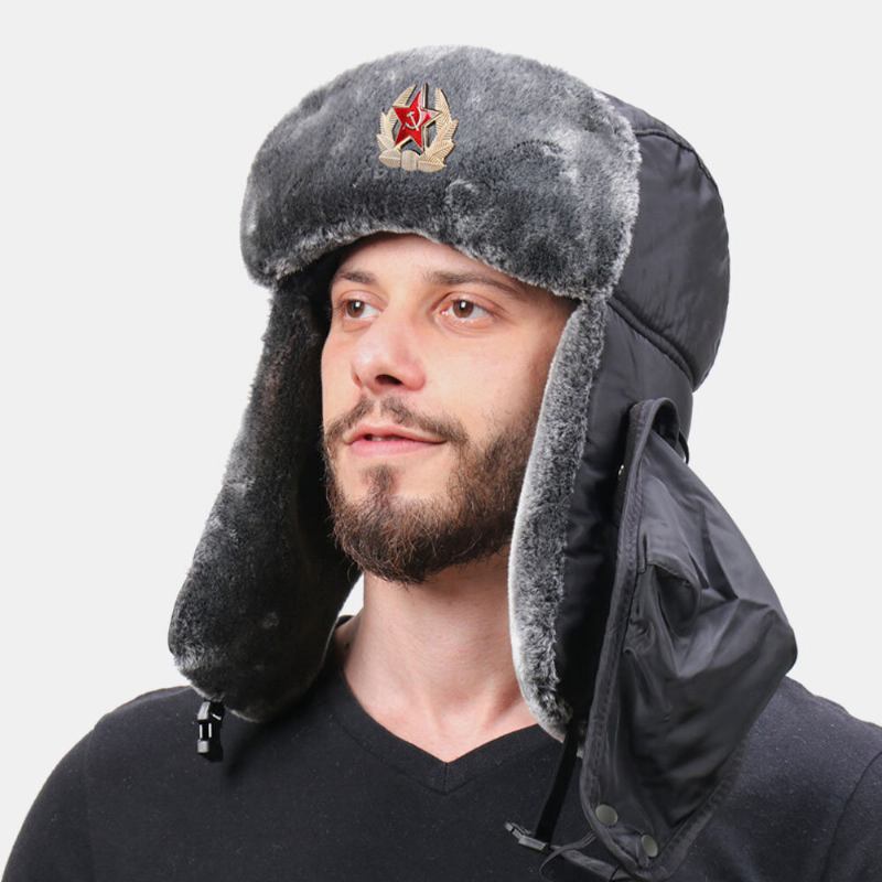 Mænd Solid Soviet Badge Vindtæt Trapper Huer Udendørs Tykke Ørebeskyttelse Varm Russisk Huer Ushanka Hat