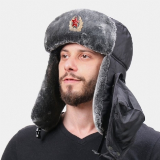 Mænd Solid Soviet Badge Vindtæt Trapper Huer Udendørs Tykke Ørebeskyttelse Varm Russisk Huer Ushanka Hat