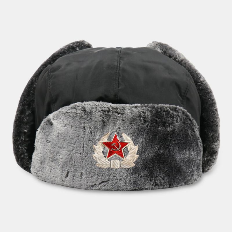 Mænd Solid Soviet Badge Vindtæt Trapper Huer Udendørs Tykke Ørebeskyttelse Varm Russisk Huer Ushanka Hat