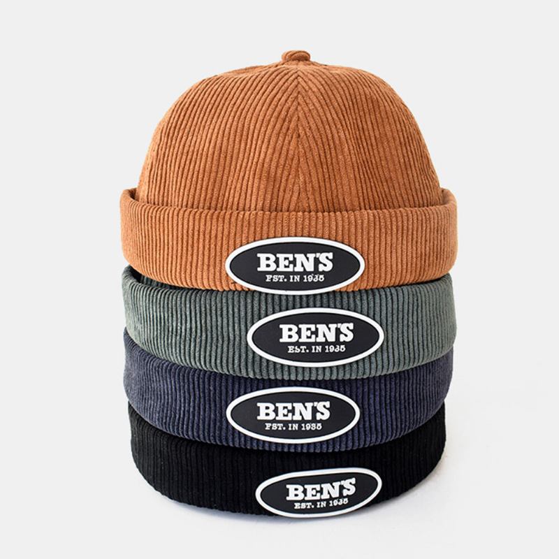 Mænd Udlejer Kasket Corduroy Bogstaver Oval Label All-match Justerbar Brimless Beanie Skull Kasket Til Kvinder