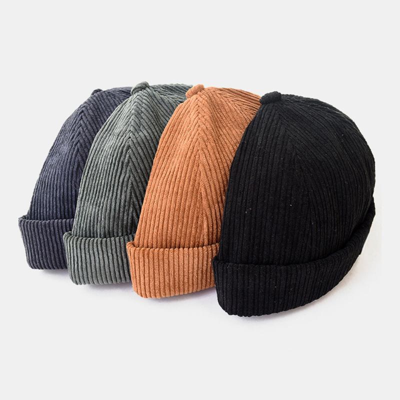 Mænd Udlejer Kasket Corduroy Bogstaver Oval Label All-match Justerbar Brimless Beanie Skull Kasket Til Kvinder