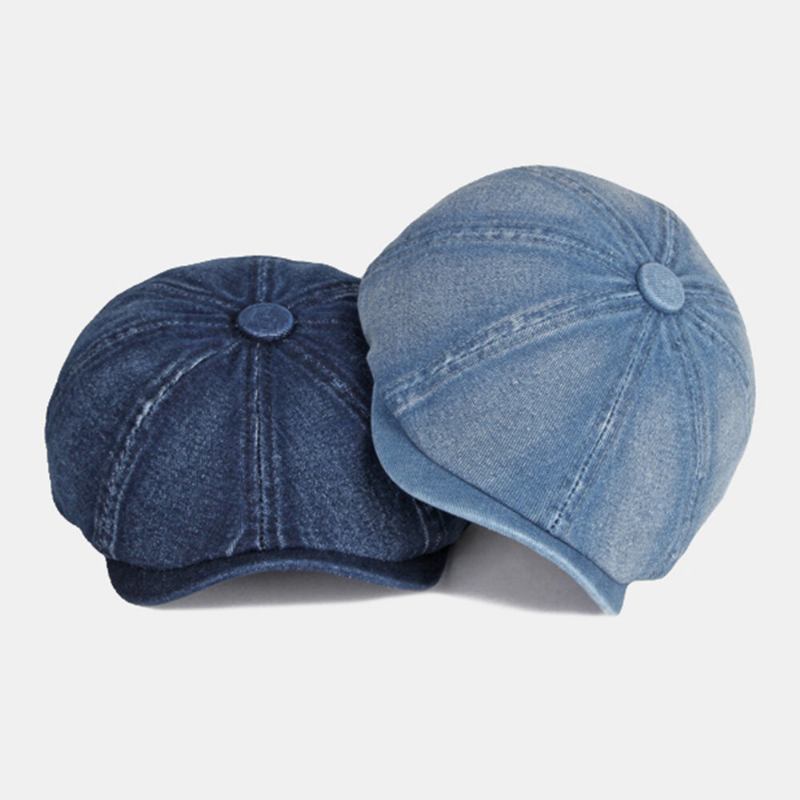 Mænd Vasket Denim Ryg Elastisk Bånd Design Justerbar Ottekantet Huer Britisk Retro Short Rim Newsboy Huer Flad Huer Painter Hat