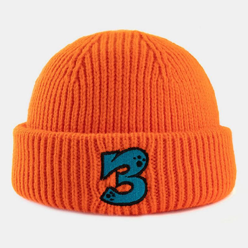 Unisex Akryl Strikket Ensfarvet Tegneserienummer Broderi Varme Kantløs Beanie Udlejer Kasket Skull Cap