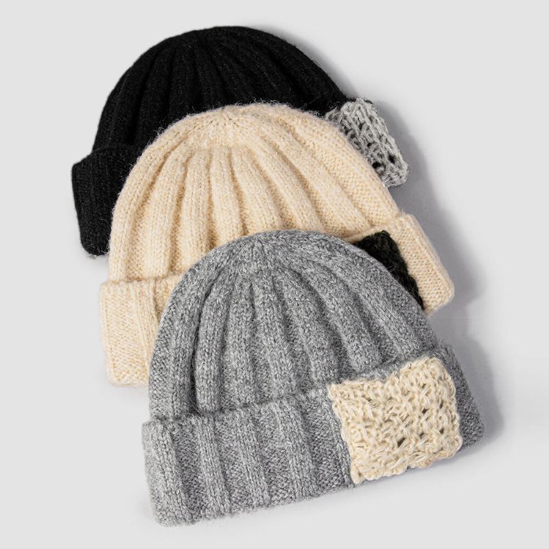 Unisex Akrylstrikket Ensfarvet Stribet Hæklet Farvematch Patch Varme Kantløs Beanie Udlejer Kasket Skull Cap