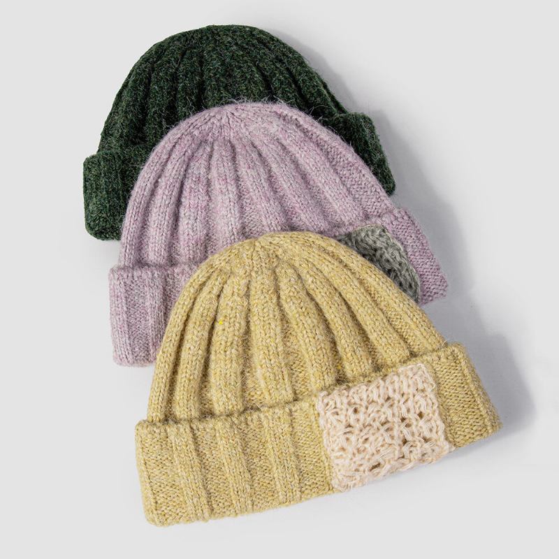 Unisex Akrylstrikket Ensfarvet Stribet Hæklet Farvematch Patch Varme Kantløs Beanie Udlejer Kasket Skull Cap