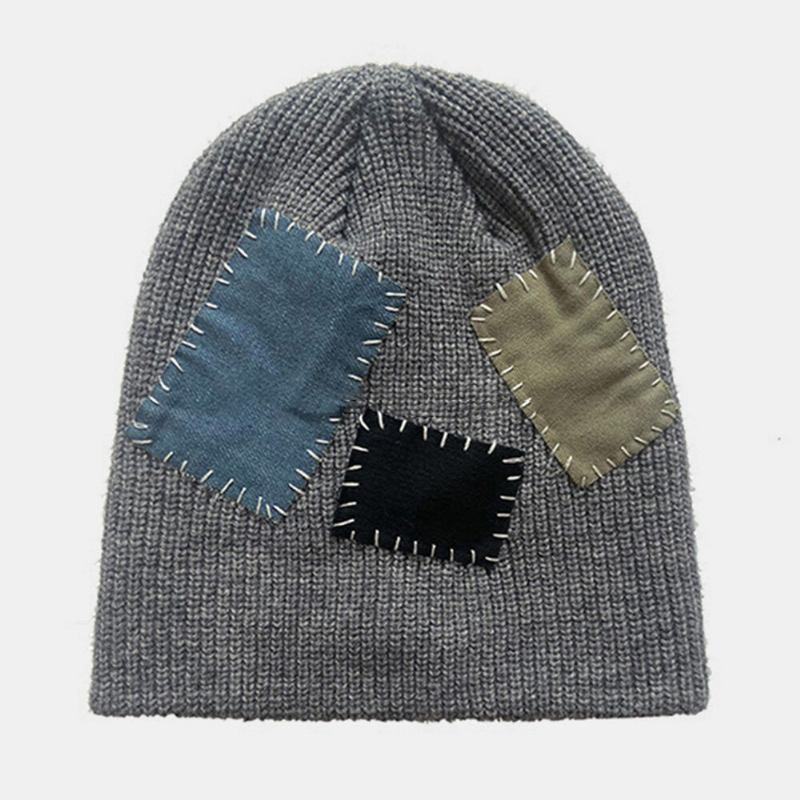 Unisex Beanie Hatte Strikket Farve Kontrast Sutur Stof Patch Vintage Varme Udlejer Kasket Skull Cap