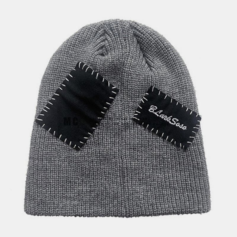 Unisex Beanie Hatte Strikket Farve Kontrast Sutur Stof Patch Vintage Varme Udlejer Kasket Skull Cap