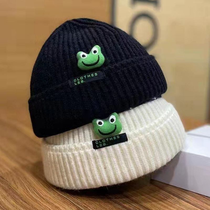 Unisex Beanie Hatte Tegneserie Frø Dukke Dekoration Brev Patch Udlejer Kasket Skull Kasket Strikket Hue