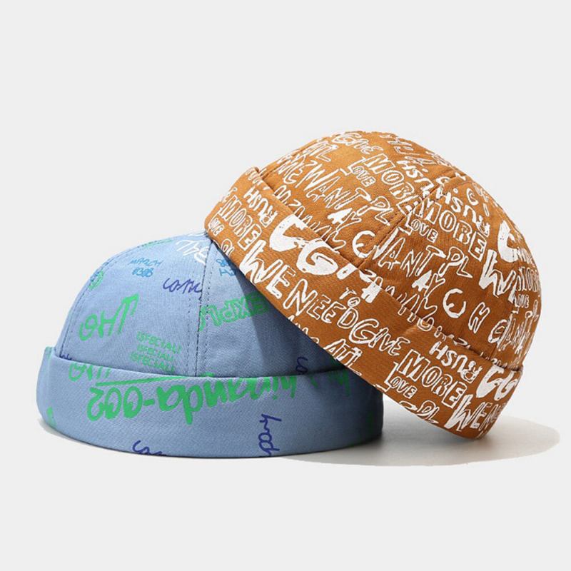 Unisex Bomuld Overlay Bogstaver Graffiti Print Trendy All-match Brimless Beanie Landlord Kasketter Skull Caps