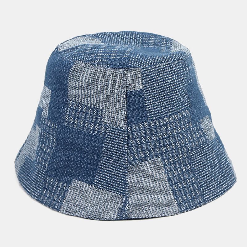 Unisex Bomuld Plaid Colorblock Denim Distressed Vintage Casual Solsejl Foldbare Flade Hatte Bucket Hats