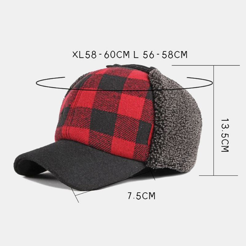 Unisex Bomuld Plus Fløjl Tyk Plaid Baseballkasket Efterår Vinter Ørebeskyttelse Øreværn Vindtæt Varm Hat