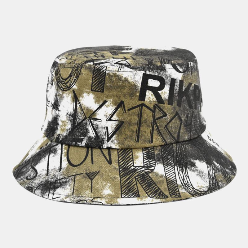 Unisex Bomuld Tie-dye Brev Graffiti Mønster Tryk Stor Skygge Solskærm Bucket Hat