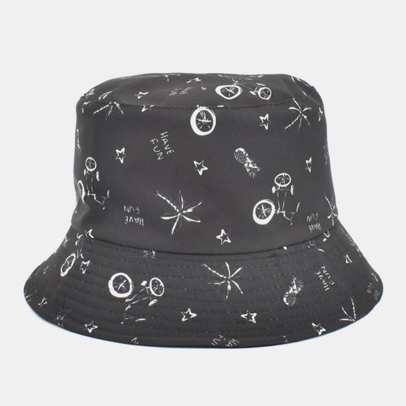 Unisex Bomuldsbrev Tegneseriemønstertryk Dobbeltsidet Bærbar Bucket Hat