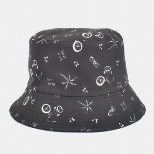 Unisex Bomuldsbrev Tegneseriemønstertryk Dobbeltsidet Bærbar Bucket Hat