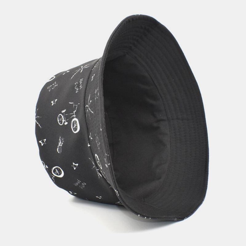 Unisex Bomuldsbrev Tegneseriemønstertryk Dobbeltsidet Bærbar Bucket Hat