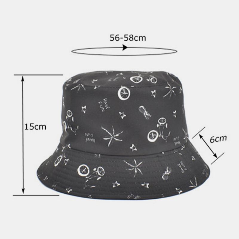 Unisex Bomuldsbrev Tegneseriemønstertryk Dobbeltsidet Bærbar Bucket Hat