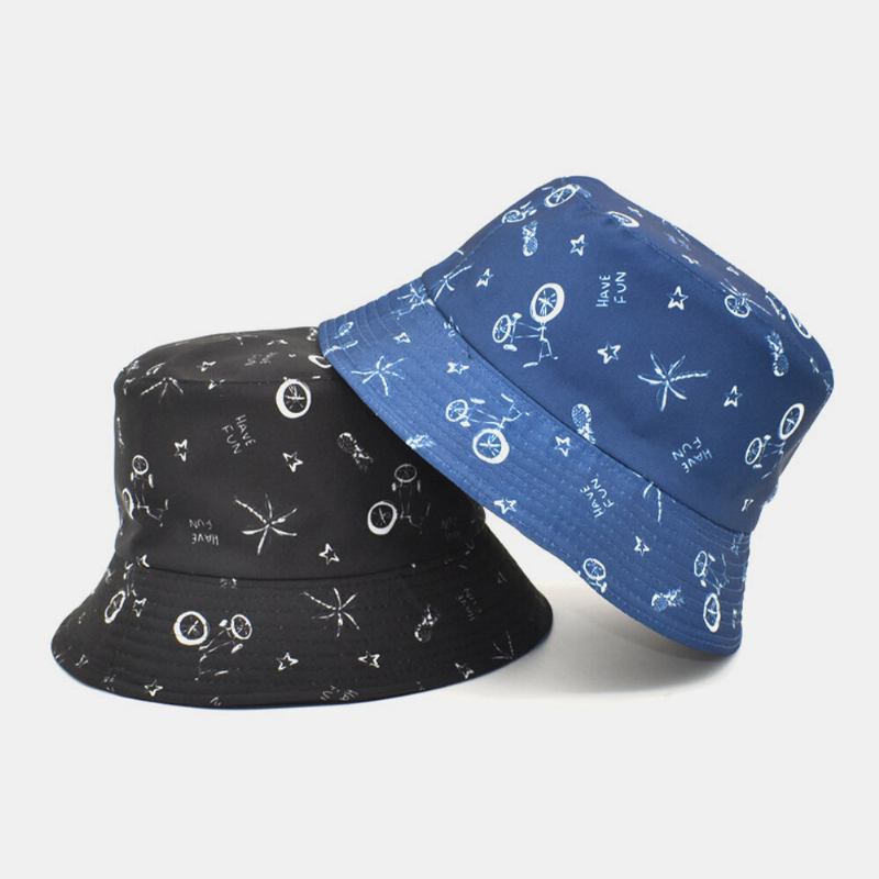 Unisex Bomuldsbrev Tegneseriemønstertryk Dobbeltsidet Bærbar Bucket Hat