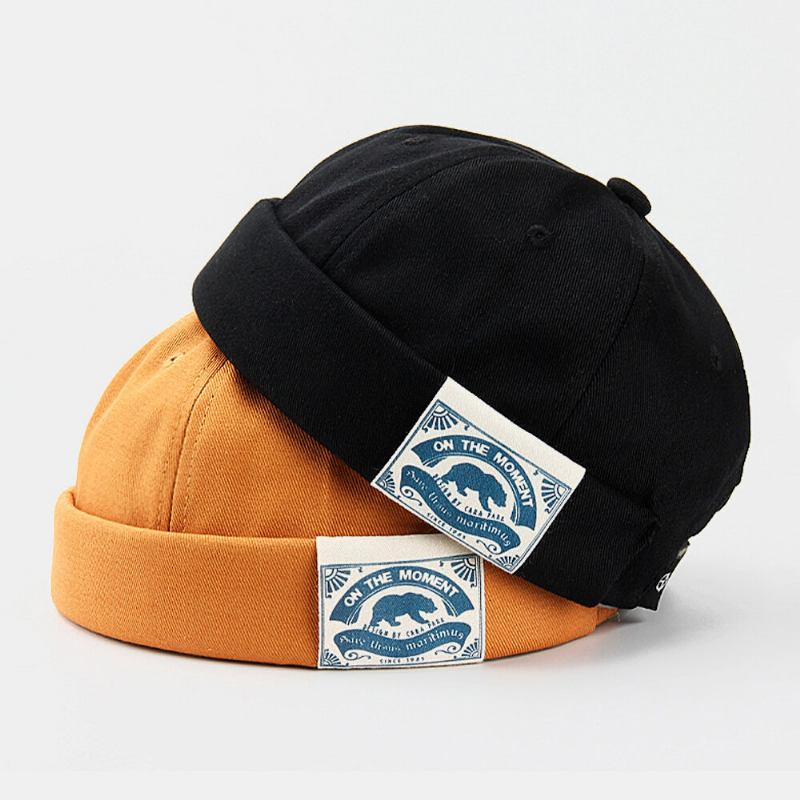 Unisex Bomuldsbrevmønster Patch Street Trend Justerbar Brimless Beanie Landlord Kasket Skull Cap