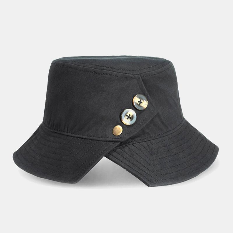 Unisex Bomuldsknapdekoration Sideslids Personlighed Solbeskyttelse Bucket Hat