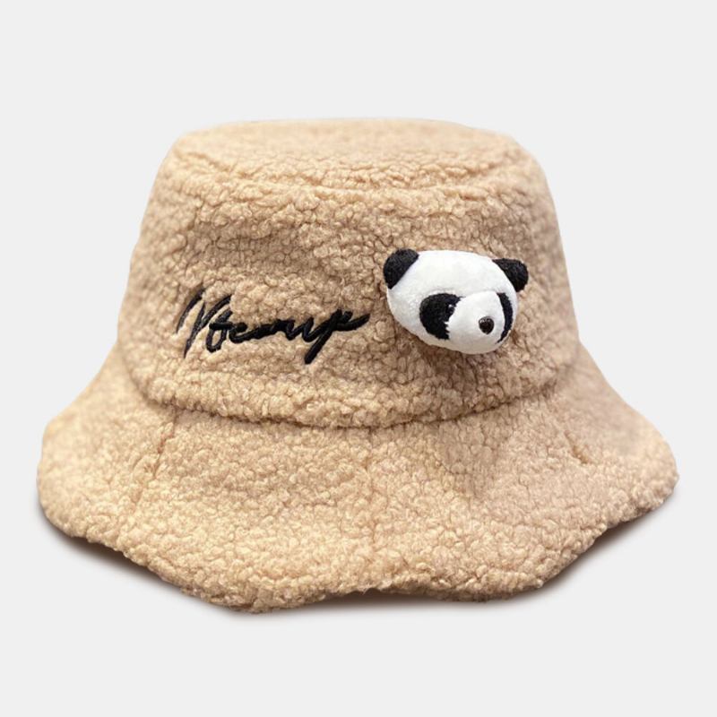 Unisex Bucket Huer Plys Brevbroderi Panda Dukke Dekoreret All-match Warm Bucket Hat