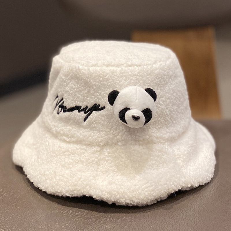 Unisex Bucket Huer Plys Brevbroderi Panda Dukke Dekoreret All-match Warm Bucket Hat