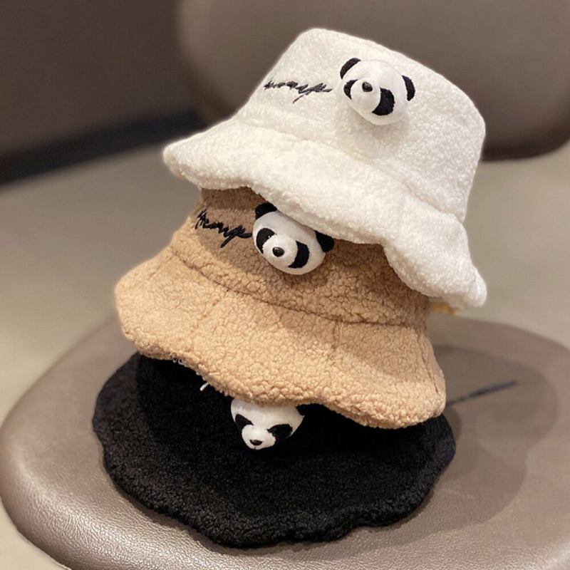 Unisex Bucket Huer Plys Brevbroderi Panda Dukke Dekoreret All-match Warm Bucket Hat