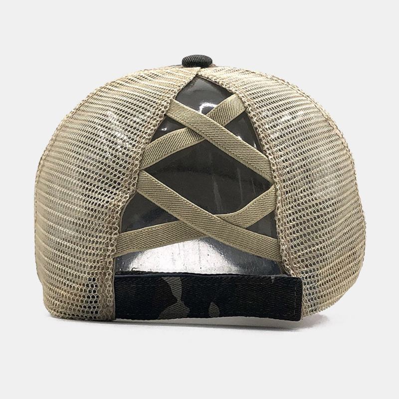 Unisex Camouflage Stretch Fit Kasket Mesh Åndbar Trucker Huer Cross Hestehale Baseball Cap