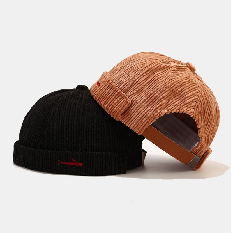 Unisex Corduroy Broderi Ensfarvet Udendørs Brimless Beanie Udlejer Kasket Skull Cap