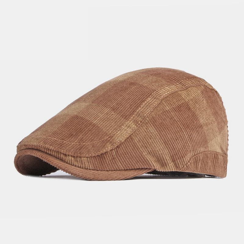 Unisex Corduroy Gitterstribe Justerbar Baret Flad Kasket Britisk Retro Efterår Vinter Vild Vindtæt Forward Hat